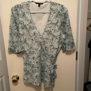 Banana Republic, green, blue wrap around blouse. Hook and eye closure.